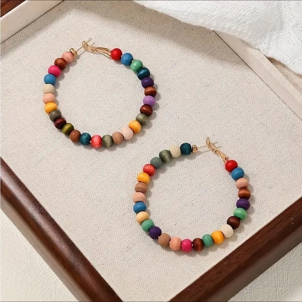 🍡NEW- Delicate Colorful Wooden Beaded Hoop Earrings